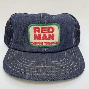 VTG Red Man Trucker Hat Cap Snap Back Denim USA Patch 80s Chewing Tobacco(H7)